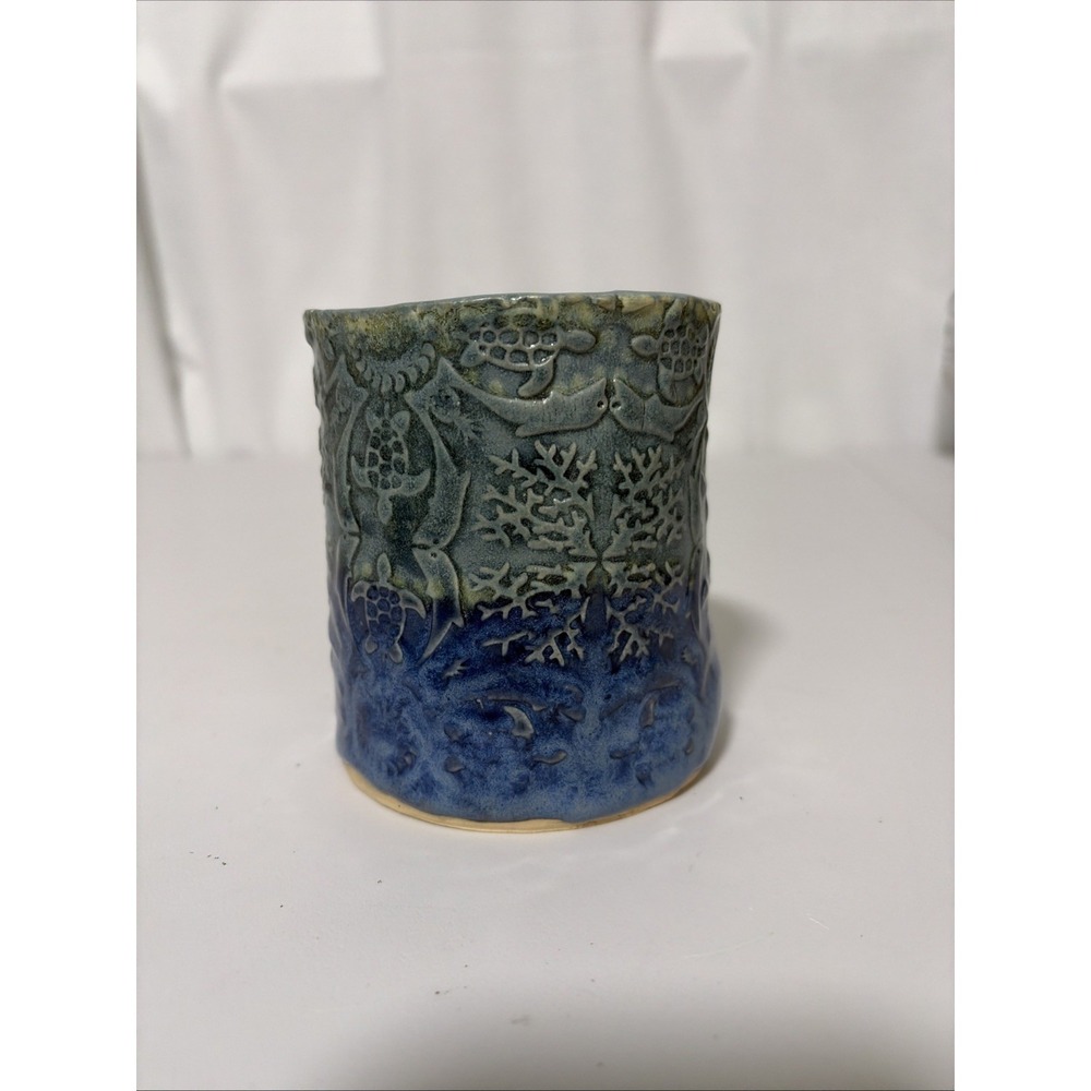 Studio Art Pottery Handmade Ceramic Vase Pencil Holder 4in Blue Sea Life Turtle
